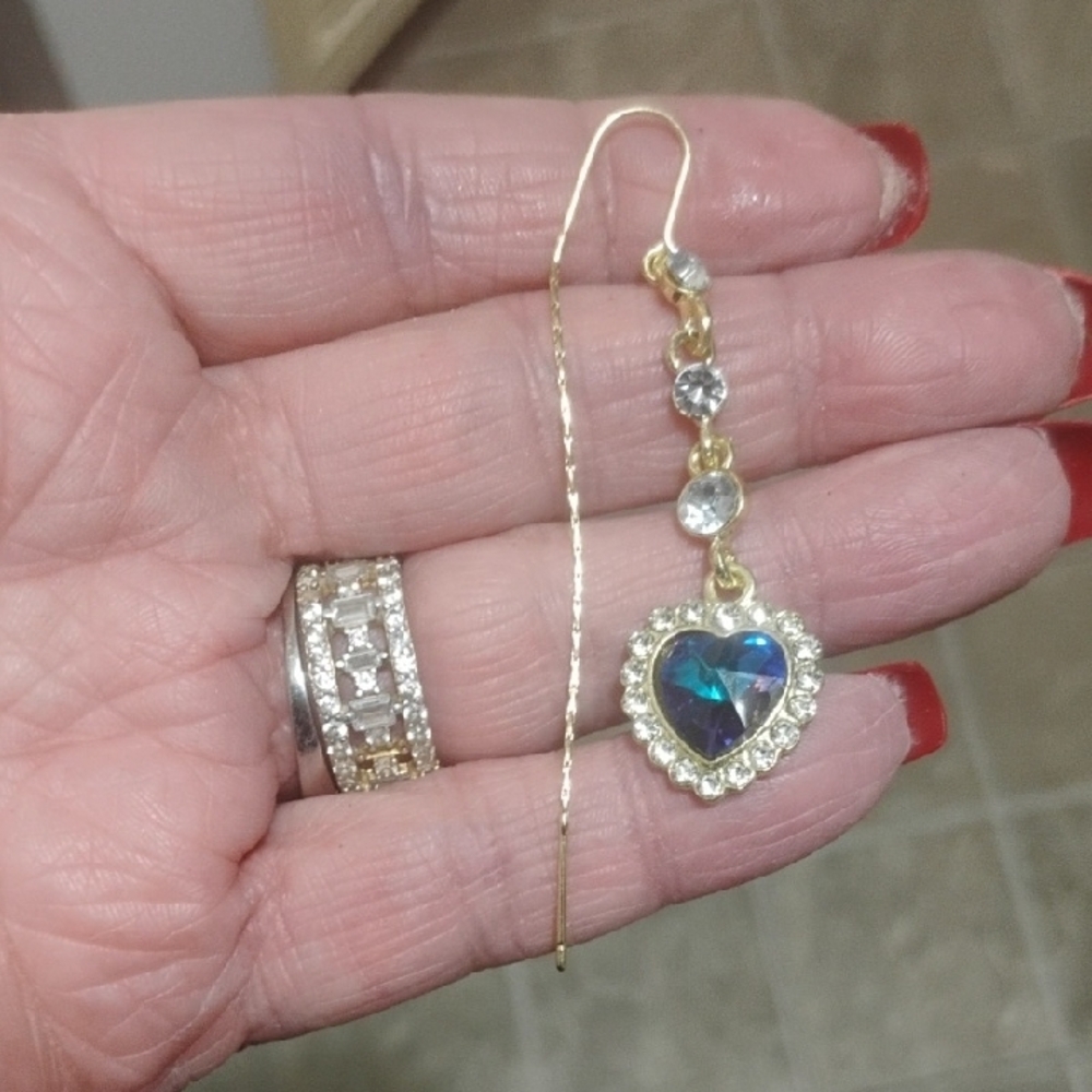 Gold and Blue Heart Drop Earrings - Picture 2 of 2